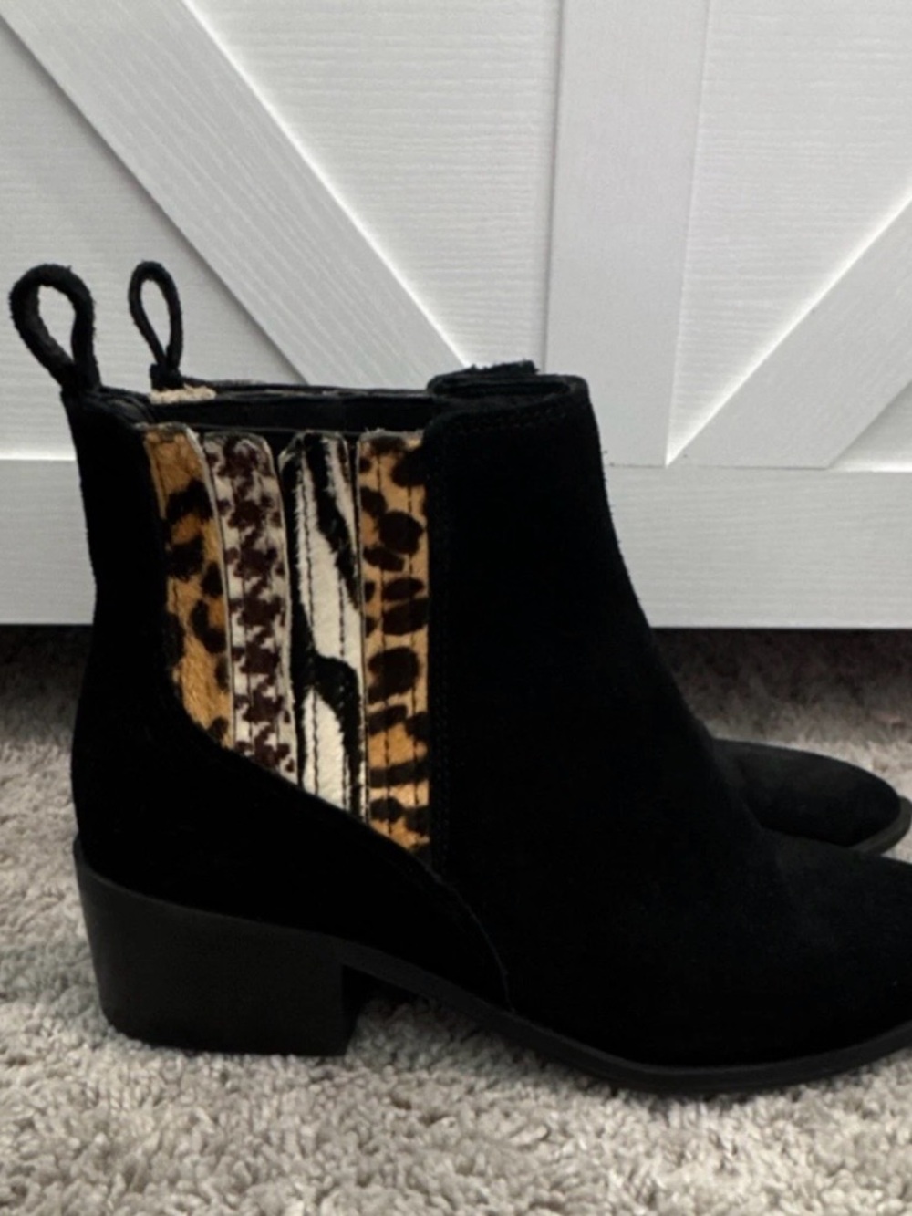 Crown Black Suede Ankle Boots with Leopard-Print Panels